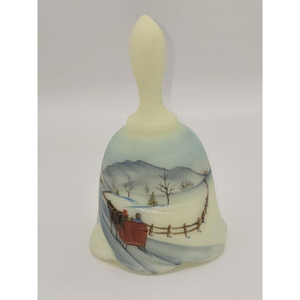Fenton Glass Bell Custard Uranium Satin GOING HOME 1980 Painted By M. Dickinson